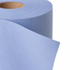 Detailfoto van midi poetspapier cellulose blauw 1-laags met close-up van de absorberende papierstructuur, reliëftextuur en afrolbaar vel met zichtbare kartonnen kern.