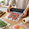 Vacuümfolie op rol met structuur in gebruik in een moderne keuken, waarbij verse entrecotes vacuüm worden verpakt met een huishoudelijke vacuümmachine voor optimale versheid en een langere houdbaarheid.