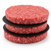 Meat Saver papier 65 g/m² rond zwart Ø 120 mm toegepast tussen meerdere rauwe hamburgerpatty's. De zwarte papieren tussenleggers voorkomen dat de hamburgers aan elkaar kleven en maken het stapelen, verpakken en scheiden van vleesproducten eenvoudiger.