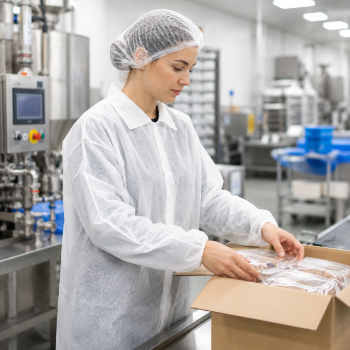 Medewerker draagt een witte PP bezoekersjas van non-woven tijdens werkzaamheden in een hygiënische productieomgeving.