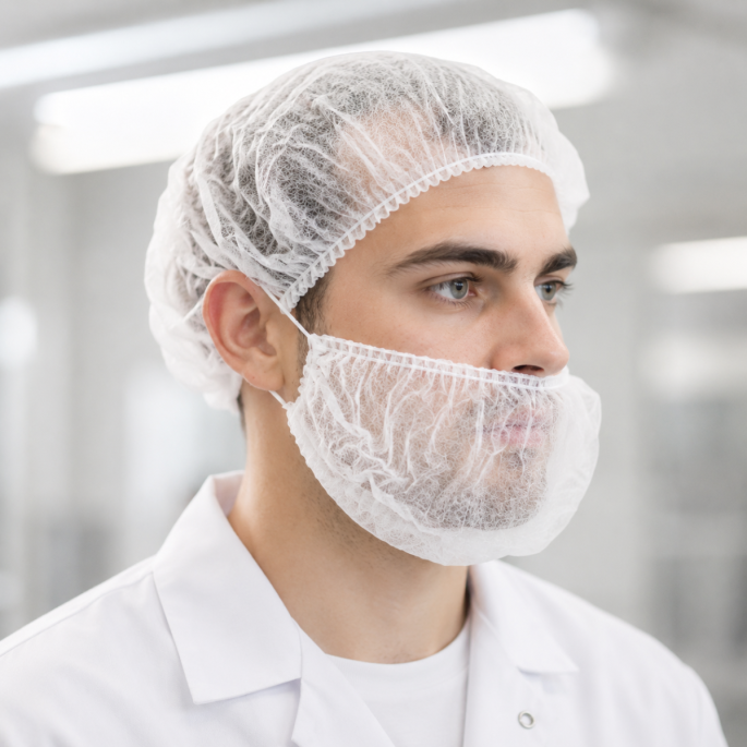 Medewerker in een hygiënische productieomgeving draagt een witte disposable baardcover en haarnetje. De licht transparante baardcover bedekt de volledige baard en wordt comfortabel achter de oren bevestigd met elastische lussen. De medewerker draagt daarn