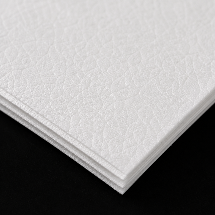 Macro detailfoto van hoogwitte 1-laags servetten 1/4 vouw met close-up van de fijne papierstructuur, vezeltextuur en nette gelaagde afwerking tegen zwarte achtergrond.