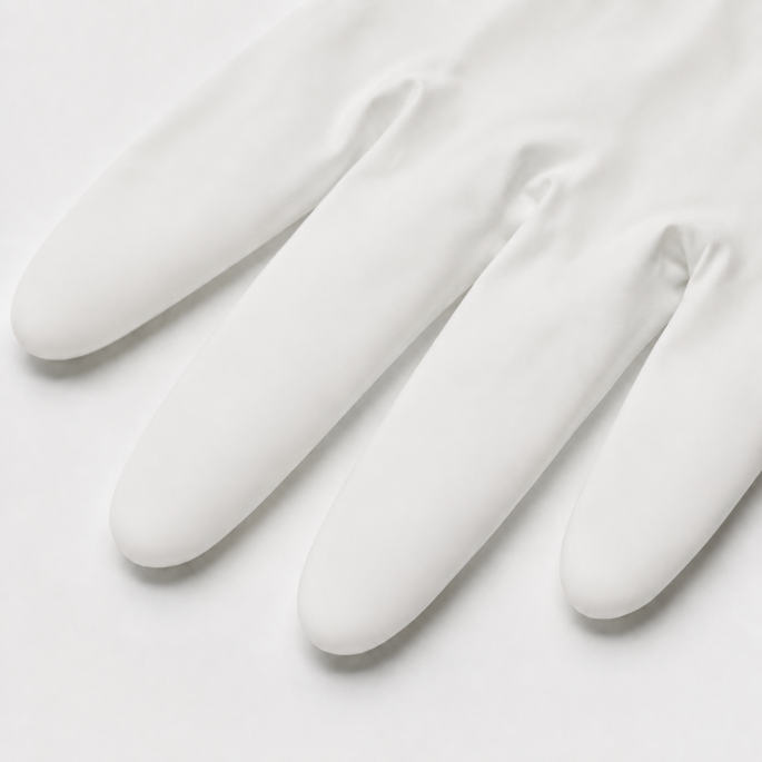 Detailopname van de gladde vingertoppen van een witte nitril handschoen.