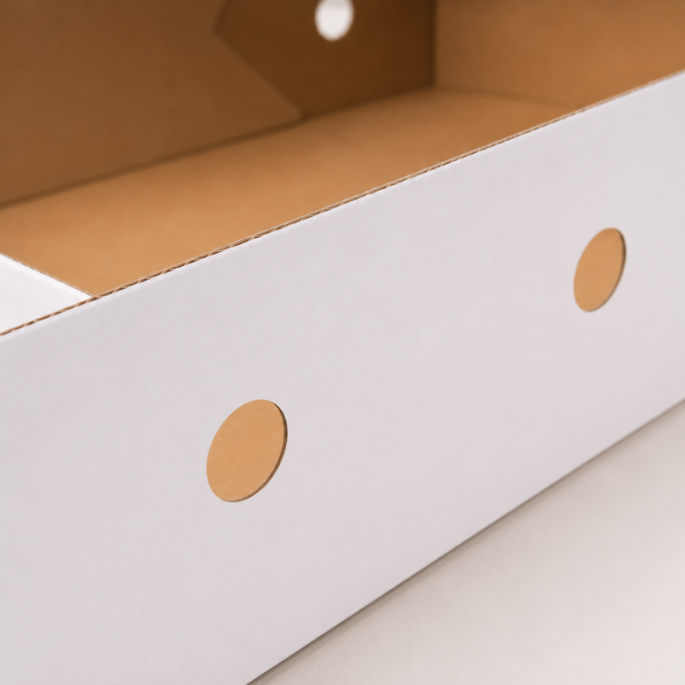 Detailfoto van de paraatdoos 900 gram bruin/wit met focus op de ronde ventilatieopeningen, witte buitenzijde en bruine kraft binnenzijde. De close-up benadrukt de nette afwerking, stevige kartonkwaliteit en functionele ventilatie van de verpakking.