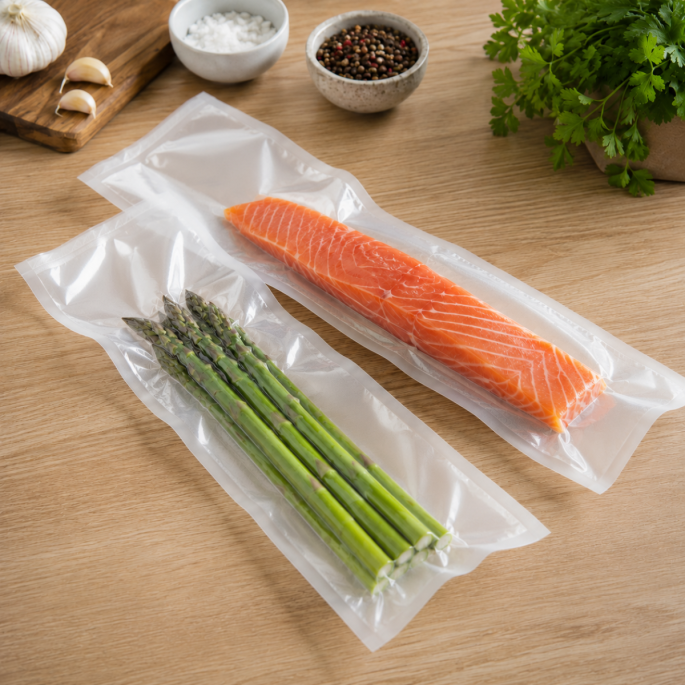 Gladde transparante vacuümzakken in gebruik voor het luchtdicht verpakken van een verse zalmfilet en groene asperges. De heldere, gladde folie sluit strak aan om de producten en zorgt voor een professionele, hygiënische verpakking die de versheid, smaak e