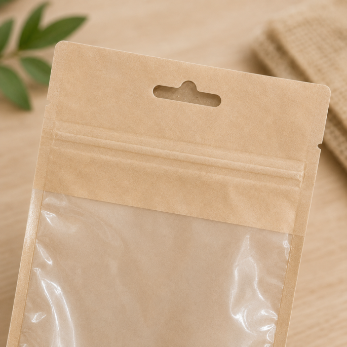 Detailopname van een kraft papieren stazak met transparant venster, eurohole ophangoog en hersluitbare ziplock sluiting. De close-up toont de hoogwaardige afwerking en duurzame uitstraling van de verpakkin