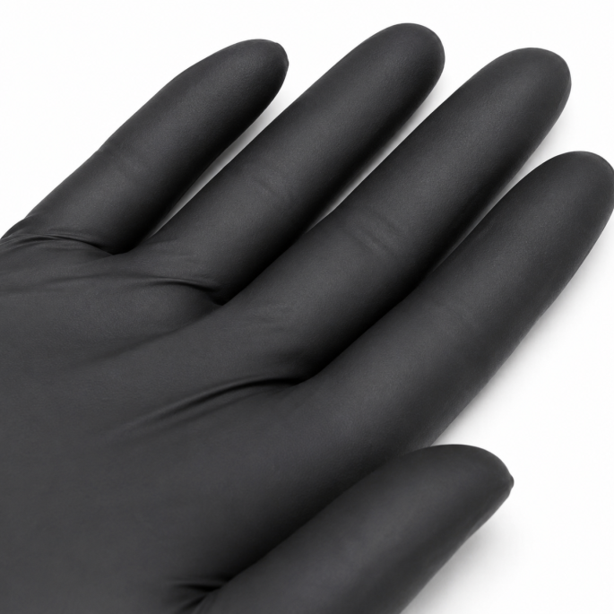 Detailfoto van een zwarte nitril handschoen maat M, ingezoomd op de matte structuur en nauwsluitende pasvorm voor optimale grip, comfort en hygiënisch gebruik.