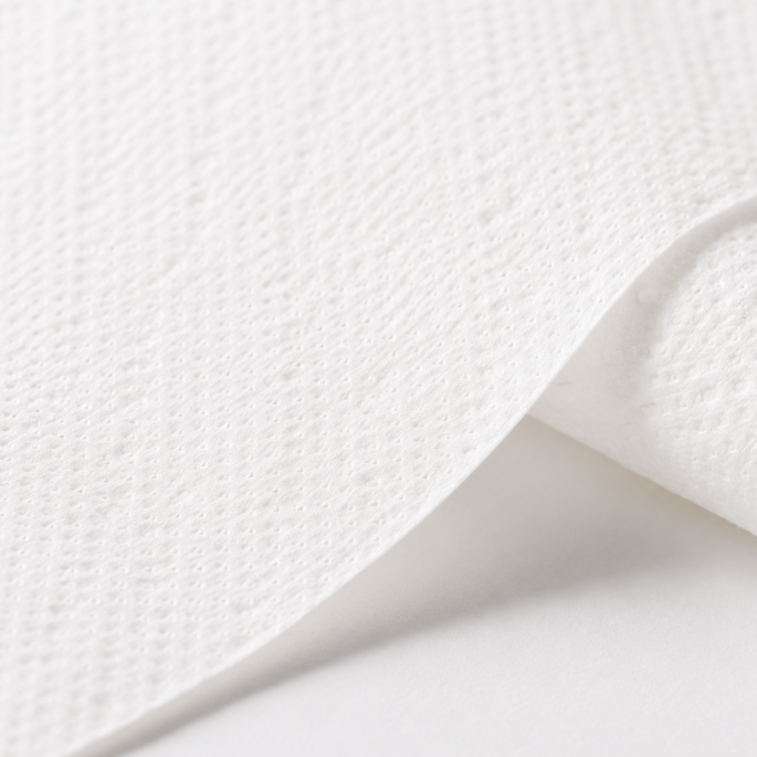 Macrodetail van Euro Toptex Snow White Z-Fold handdoekpapier met focus op de fijne papierstructuur, zachte reliëfprint en hoogwaardige afwerking op een witte achtergrond.
