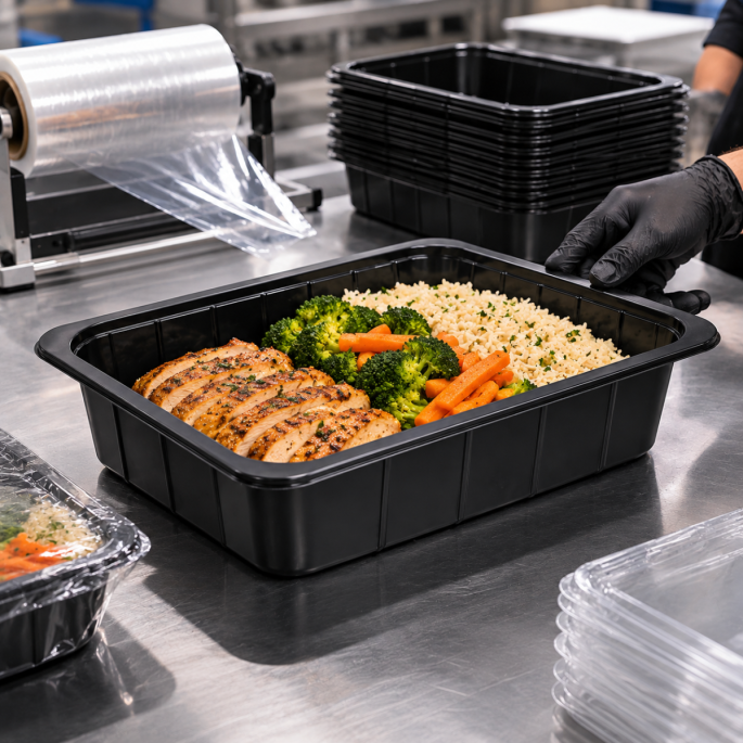 PP 1/2 gastro thermo schaal zwart 325 x 265 x 100 mm in gebruik voor maaltijdverpakking in een professionele keuken, gevuld met pasta, kip en groenten en afgedekt met folie.