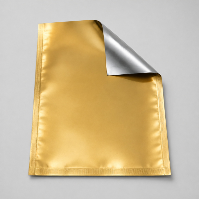 Goud-zilveren vacuümzak met gouden voorkant en omgevouwen zilveren achterkant.