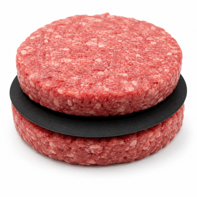 Meat Saver papier 65 g/m² rond zwart Ø 120 mm toegepast als scheidingspapier tussen twee rauwe hamburgerpatty's. De zwarte tussenlegger voorkomt dat de hamburgers aan elkaar kleven en vergemakkelijkt het stapelen, verwerken en verpakken van vleesproducten