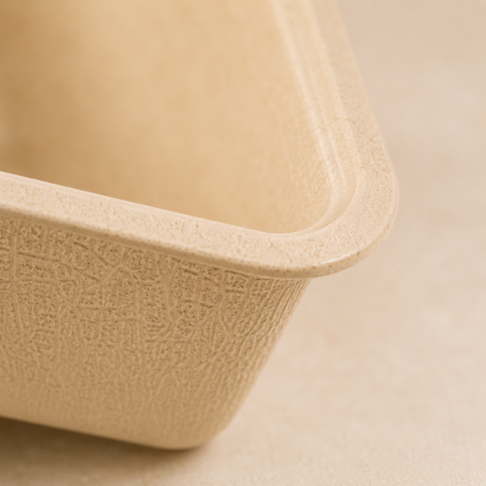 Close-up van een beige bagasse voedseltray waarbij de afgeronde hoek en fijne vezelstructuur van het materiaal scherp in beeld zijn gebracht. De natuurlijke textuur en stevige afwerking worden benadrukt tegen een zachte, neutrale achtergrond met subtiele 