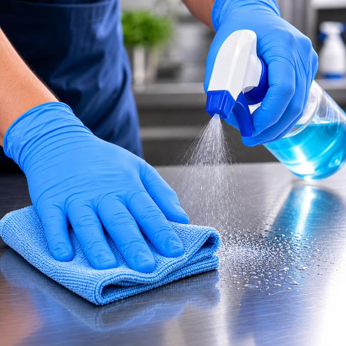 Persoon draagt blauwe disposable nitrilhandschoenen tijdens het reinigen van een roestvrijstalen werkoppervlak met een microvezeldoek en reinigingsspray. De handschoenen bieden optimale bescherming, grip en flexibiliteit tijdens schoonmaakwerkzaamheden. D