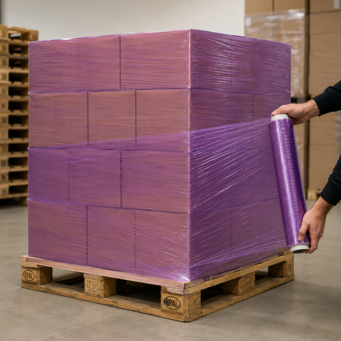 Medewerker wikkelt een pallet met kartonnen dozen handmatig in met paarse stretchfolie in een magazijnomgeving. De transparante machinewikkelfolie wordt strak rondom de pallet getrokken om de lading te stabiliseren en te beschermen tijdens opslag en trans