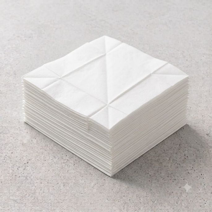 Een overzichtsfoto van een strakke, vierkante stapel witte papieren servetten op een grijze betonlook ondergrond, waarbij de ingeperste vouwlijnen in het midden van de bovenste servet een geometrisch patroon vormen.