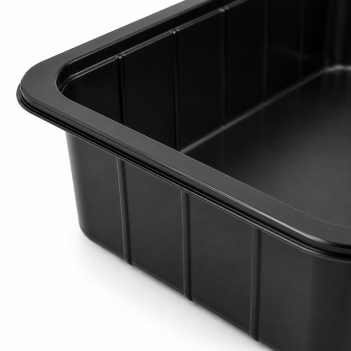 Close-up van de lege PP 1/2 gastro thermo schaal zwart 325 x 265 x 100 mm vanuit een alternatieve hoek, met focus op de brede rand, zijwand en stevige kunststof afwerking op witte achtergrond.