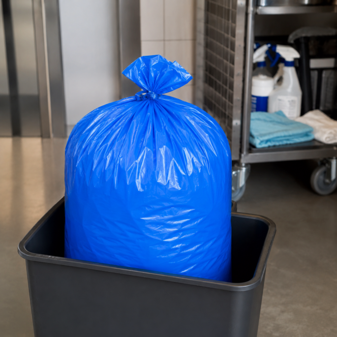 LDPE vuilzak T50 blauw 120 liter in gebruik in een afvalbak, gevuld en afgesloten, geschikt voor professionele schoonmaak, horeca, magazijnen en industriële afvalinzameling.