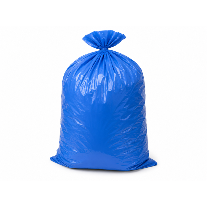LDPE vuilzak T50 blauw 120 liter in gebruik, gevuld en dichtgebonden, geschikt voor afvalinzameling in professionele schoonmaak-, horeca- en industriële omgevingen.