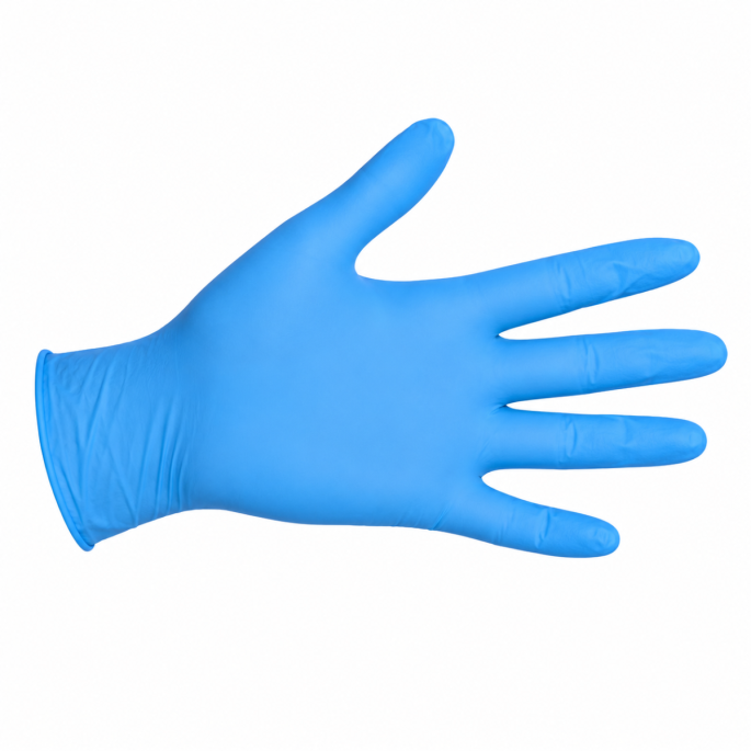 Blauwe disposable nitrilhandschoen weergegeven op een witte achtergrond. De handschoen heeft een comfortabele pasvorm, gerolde manchet en een soepel, elastisch materiaal dat zorgt voor optimale bewegingsvrijheid en een goede tastgevoeligheid. Geschikt voo