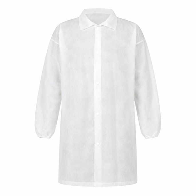 Witte PP bezoekersjas van non-woven materiaal met drukknoopsluiting en elastische manchetten.