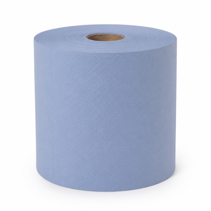 Base productfoto van midi poetspapier cellulose blauw 1-laags 19 cm x 300 meter, met zichtbare papierstructuur en kartonnen kern in een studio-opstelling.