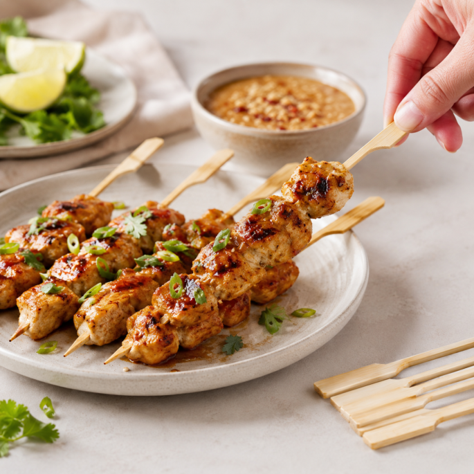 Bamboe satéprikkers in gebruik met gegrilde kipspiesjes op een serveerbord, ideaal voor barbecue, borrelhapjes, catering en foodpresentaties.