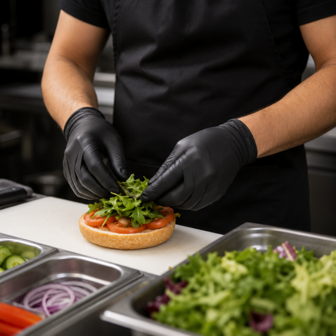 Persoon bereidt een broodje in een professionele keuken met zwarte nitril handschoenen maat L. De handschoenen zorgen voor hygiënische voedselverwerking tijdens het beleggen van verse ingrediënten.