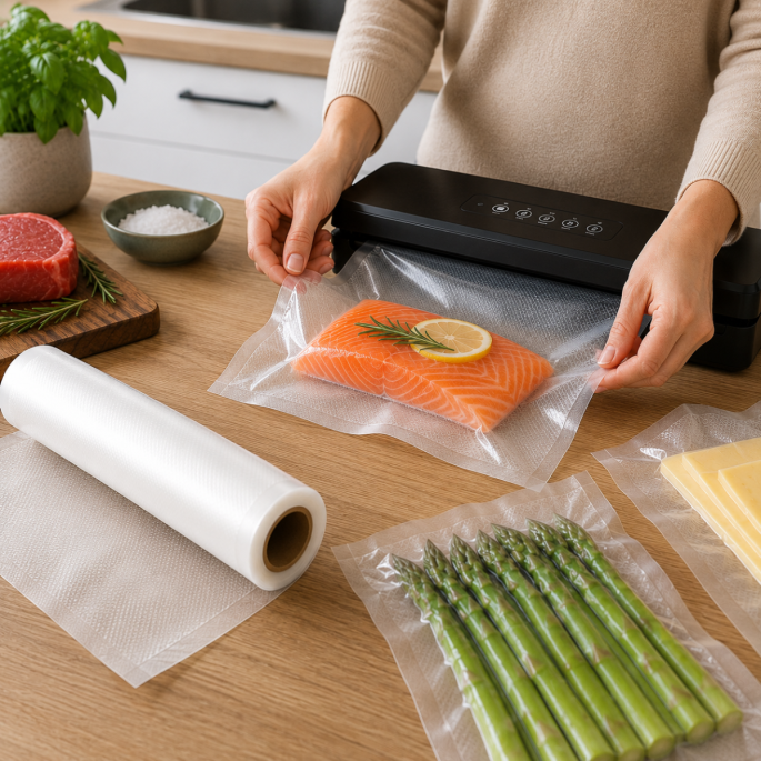 Vacuümfolie op rol met structuur in gebruik in een moderne keuken, waarbij verse zalm, asperges en kaas vacuüm worden verpakt met een huishoudelijke vacuümmachine voor een langere houdbaarheid.