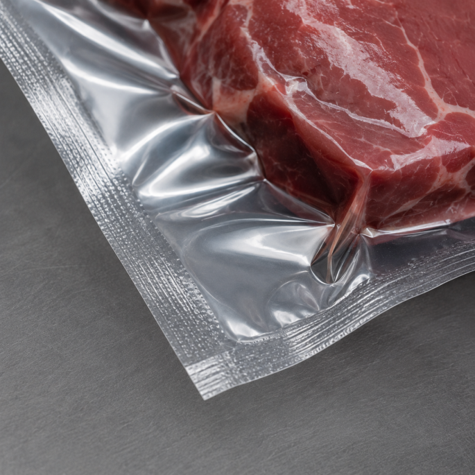 Close-up detailfoto van een transparante krimpzak met bodemseal in gebruik, strak om vlees gevacumeerd, waarbij de sterke sealing, heldere folie en luchtdichte verpakking duidelijk zichtbaar zijn.
