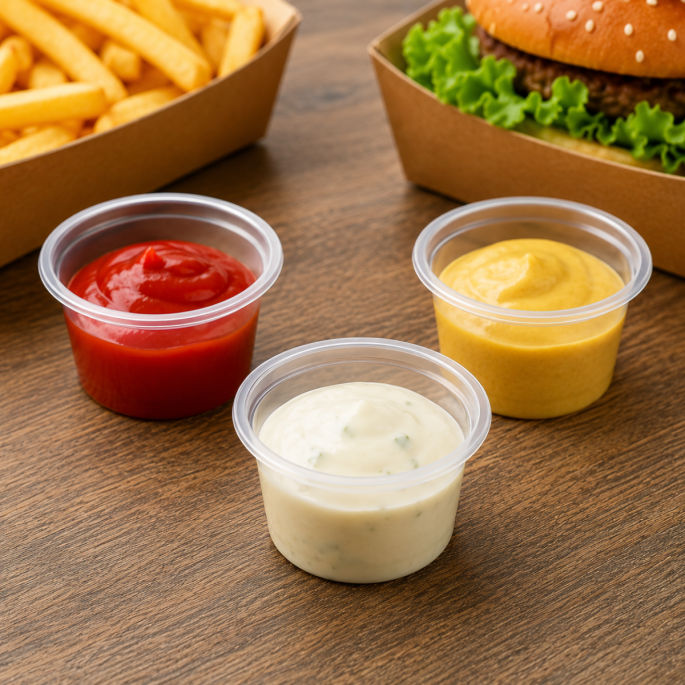 Transparante PP sausbakjes van 30 ml gevuld met verschillende sauzen, waaronder ketchup, mosterd en knoflooksaus. De sauscups staan op een houten tafel naast friet en een hamburger, waardoor de toepassing voor horeca, afhaalmaaltijden en foodservice wordt