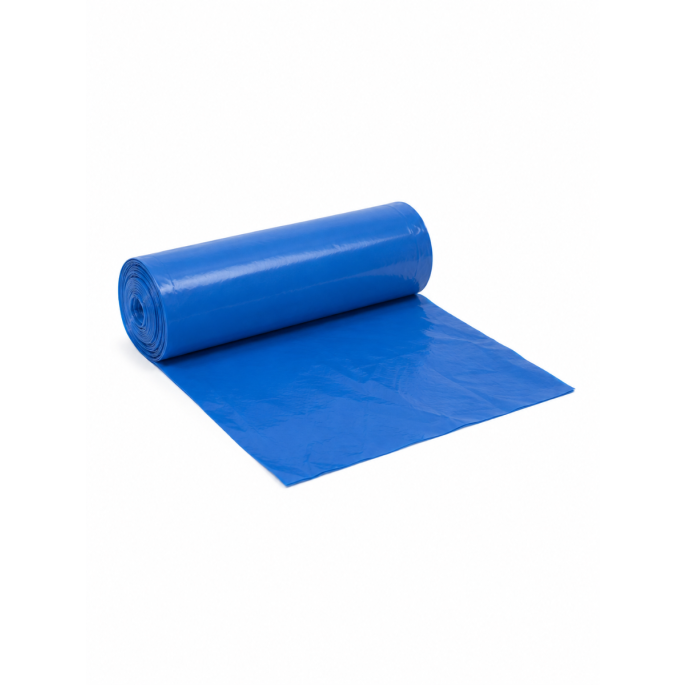 Base productfoto van LDPE vuilzak T50 blauw 120 liter formaat 700 x 1100 mm, weergegeven als opgerolde blauwe afvalzak met deels uitgerold folie in studio-opstelling.