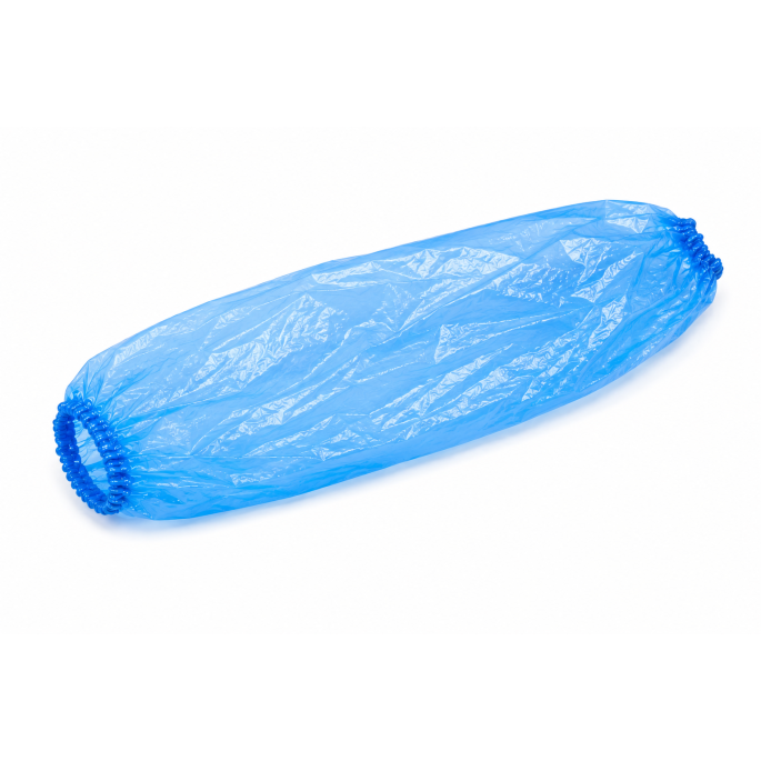 Blauwe DPE mouwovertrek 20 my 400 mm op witte achtergrond, met elastische uiteinden voor hygiënische armbescherming in professionele werkomgevingen.
