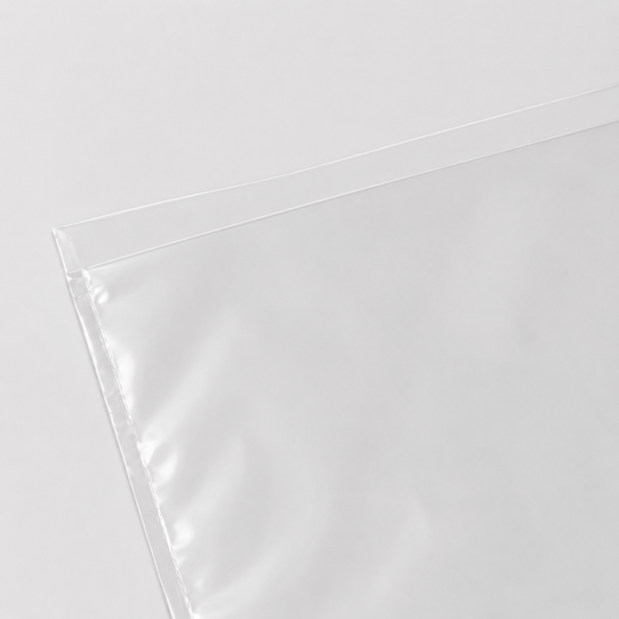 Ingezoomde detailfoto van een transparante gladde vacuümzak van 400 × 700 mm, waarbij de open bovenzijde, dunne folielagen en afgewerkte zijnaad duidelijk zichtbaar zijn tegen een lichtgrijze achtergrond.