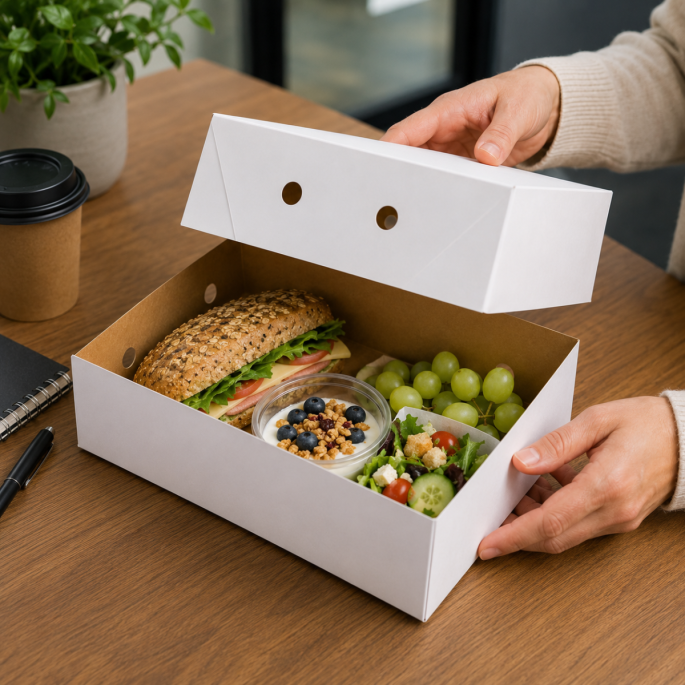 Paraatdoos 900 gram bruin/wit met losse deksel in gebruik als premium lunchverpakking. De kartonnen cateringdoos bevat een vers belegd meergranenbroodje, yoghurt met granola, druiven en een frisse salade. De verpakking wordt geopend aan een bureau- of ver