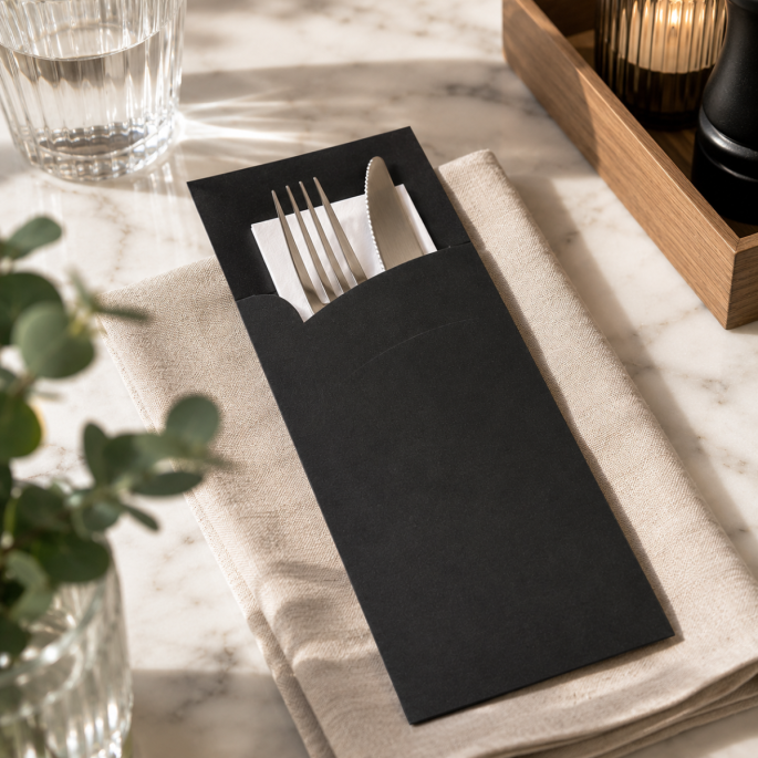 Zwarte papieren bestekhoes met wit servet, vork en mes gepresenteerd op een stijlvolle marmeren tafel, omringd door een linnen servet, glaswerk en subtiele tafeldecoratie voor een moderne horeca-uitstraling.