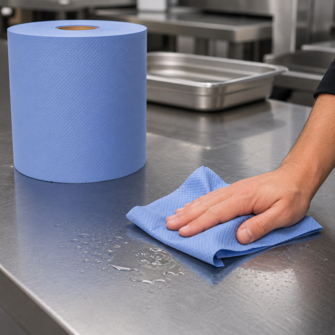 Midi poetspapier cellulose blauw 1-laags in gebruik bij het reinigen van een RVS werkoppervlak, geschikt voor professionele keukens, horeca en industriële schoonmaaktoepassingen.