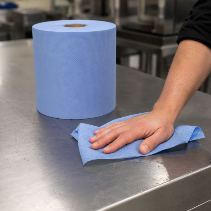 Midi poetspapier cellulose blauw 1-laags in gebruik tijdens het reinigen van een RVS werkblad in een professionele keuken- of werkomgeving.