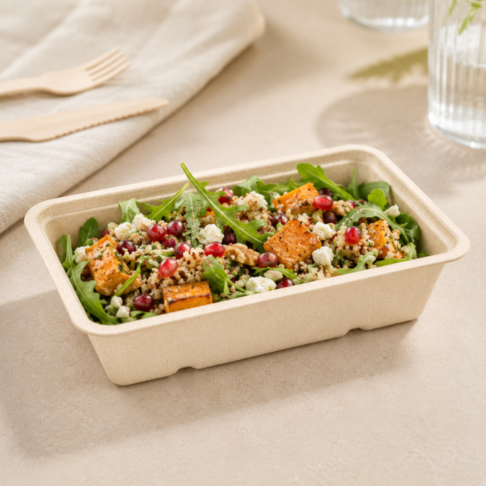 Suikerrietbakje A13 bruin 163 x 110 x 36 mm gevuld met quinoa salade, groenten en feta.
