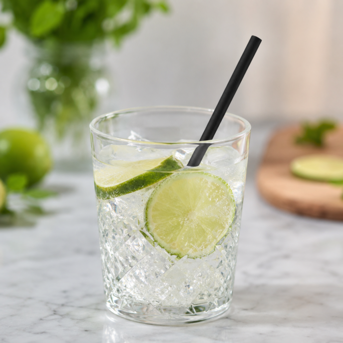 Zwart papieren rietje in een glas met bruisend water, ijsblokjes en verse limoenschijfjes. Sfeervolle lifestylefoto die het duurzame rietje in gebruik toont bij een verfrissend koud drankje.