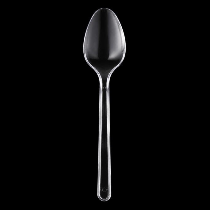 Luxe transparante herbruikbare kunststof lepel van 18 cm, verticaal weergegeven op een zwarte achtergrond.