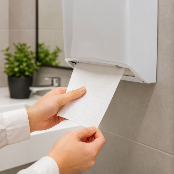 Euro Toptex Snow White Z-Fold handdoekpapier in gebruik in een wanddispenser, waarbij een vel papier eenvoudig wordt uitgenomen voor het hygiënisch drogen van de handen.