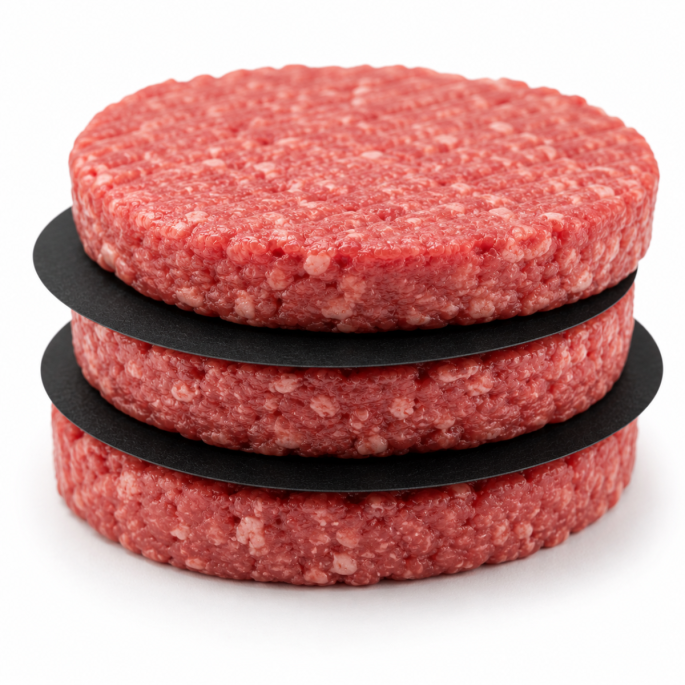 Meat Saver papier 65 g/m² rond zwart Ø 120 mm toegepast tussen meerdere rauwe hamburgerpatty's. De zwarte papieren tussenleggers voorkomen dat de hamburgers aan elkaar kleven en maken het stapelen, verpakken en scheiden van vleesproducten eenvoudiger.