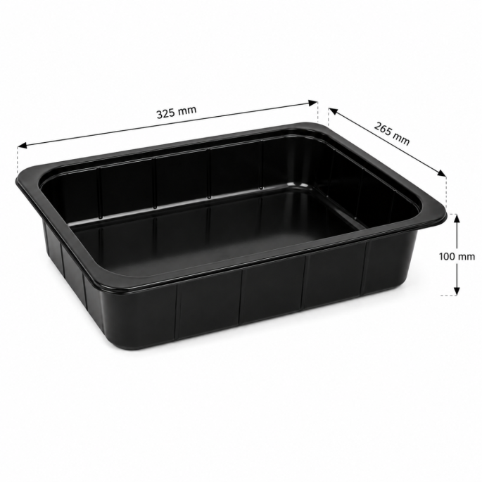 PP 1/2 gastro thermo schaal zwart 325 x 265 x 100 mm op witte achtergrond met visuele maataanduidingen voor lengte, breedte en hoogte.