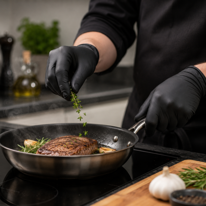 Zwarte nitril handschoenen voor voedselbereiding in de horeca, gebruikt tijdens het koken van vlees in een professionele keuken. Hygiënische wegwerphandschoenen met uitstekende pasvorm en grip