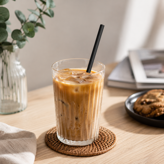 Zwart papieren rietje in een glas ijskoffie met ijsblokjes op een houten tafel. Sfeervolle lifestylefoto die het duurzame papieren drinkrietje toont in een café- en horecasetting.