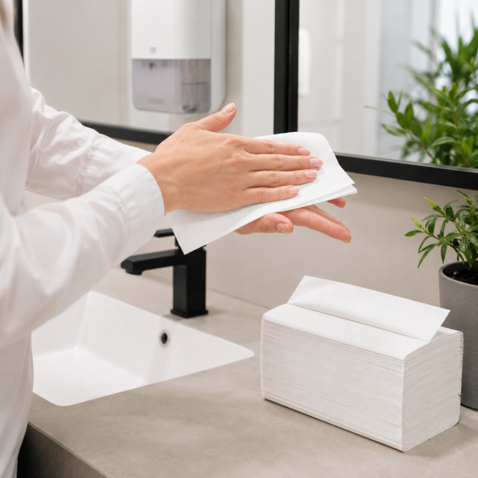 Euro Toptex Snow White Z-Fold handdoekpapier in gebruik voor het hygiënisch drogen van de handen naast een moderne wastafel, met een stapel gevouwen handdoekpapier binnen handbereik.