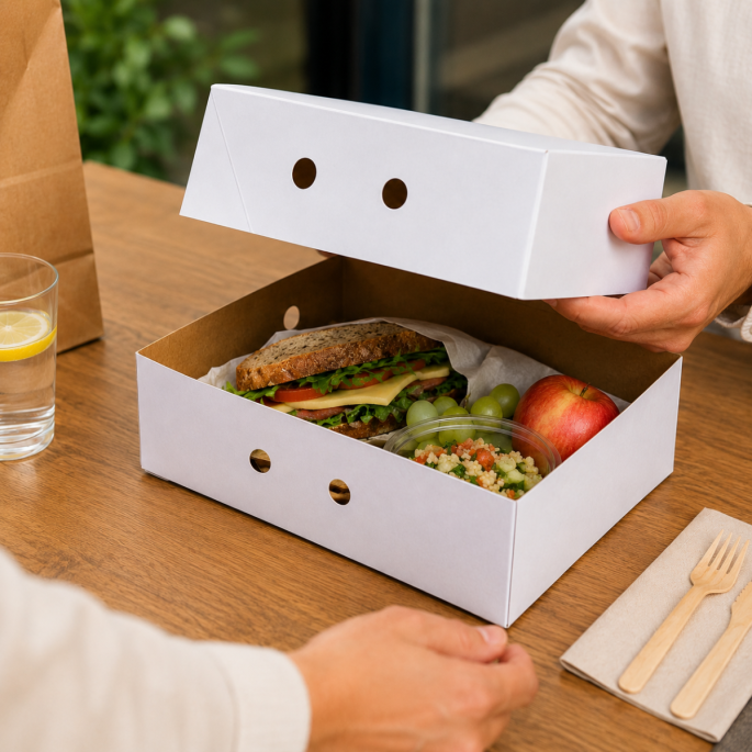 Persoon opent een witte kartonnen lunchbox met ventilatiegaten op een houten tafel. In de box liggen een rijk belegde sandwich, een bakje couscoussalade, groene druiven en een appel, klaar om te serveren.
