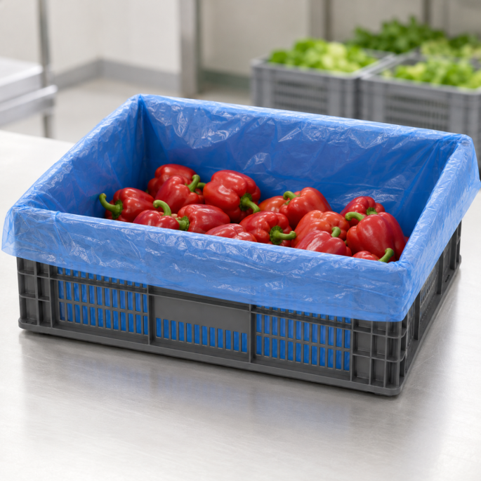 Alt-tekst: Blauwe HDPE-kratzak van 10 micron in het formaat 68/2 × 17 × 63 cm, gebruikt als beschermende binnenvoering in een zwarte kunststof krat gevuld met rode paprika’s.