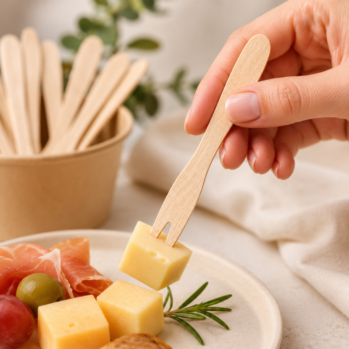 Houten amusevorkje in gebruik tijdens een borrel, waarmee een blokje kaas wordt opgepakt van een tapasplank met kaas, olijven en charcuterie. Duurzaam wegwerpbestek van berkenhout voor catering, evenementen en hapjes.