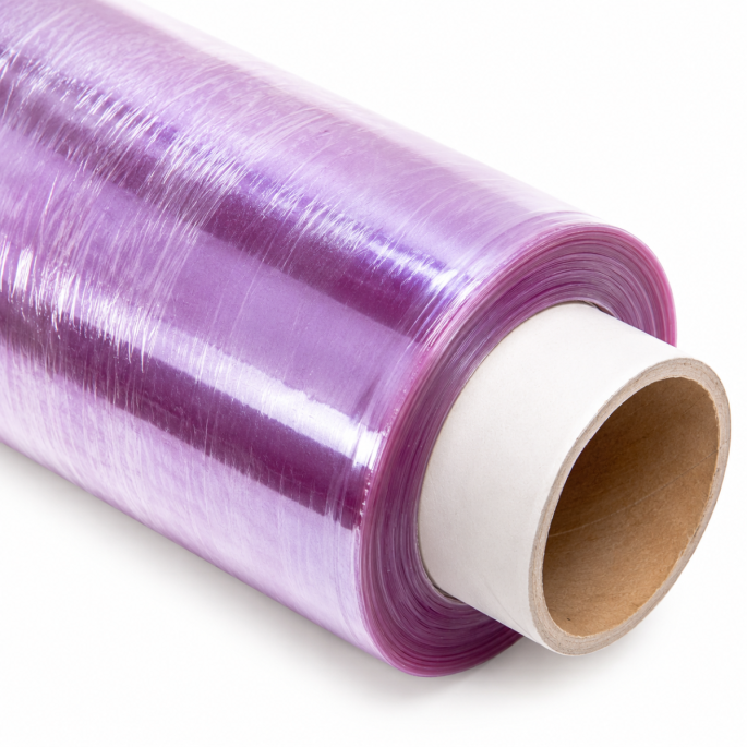 Sterk ingezoomde detailopname van een rol paarse machinewikkelfolie met focus op de kartonnen kern, de strak opgerolde folielagen en de glanzende oppervlaktestructuur. De transparante stretchfolie heeft een licht paarse tint en een hoge rekbaarheid, waard
